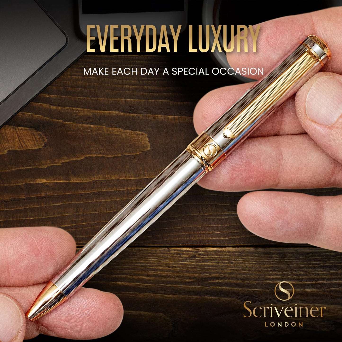 Scriveiner Silver Chrome Ballpoint Pen - Stunning Luxury Pen with 24K Gold Finish, Schmidt Black Refill, Best Ball Pen Gift Set for Men & Women, Professional, Executive, Office, Nice, Fancy Pens