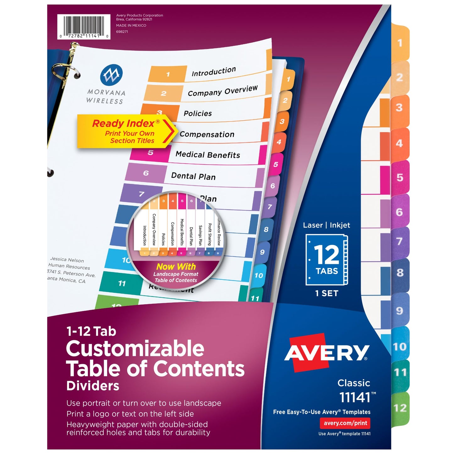 Avery 12 Tab Dividers for 3 Ring Binders, Customizable Table of Contents, Multicolor Tabs, 1 Set (11141)