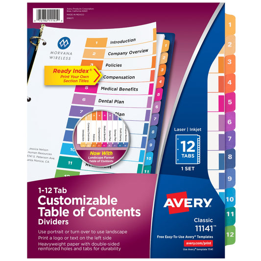 Avery 12 Tab Dividers for 3 Ring Binders, Customizable Table of Contents, Multicolor Tabs, 1 Set (11141)