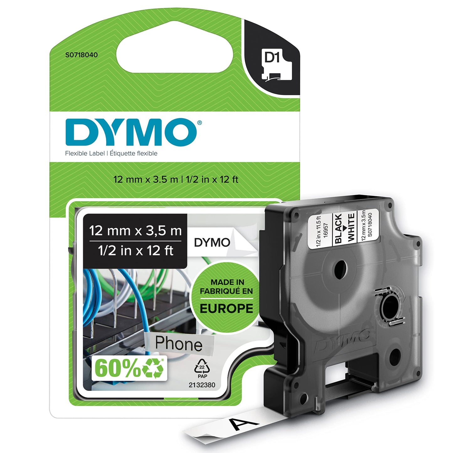 Dymo D1 High-Performance Flexible Nylon Fabric Tape For DYMO LabelManager Label Makers, 1/2" x 12’, Black Print on White