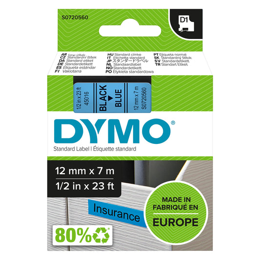 Dymo D1 Standard Labelling Tape 12mm x 7m - Black on Blue