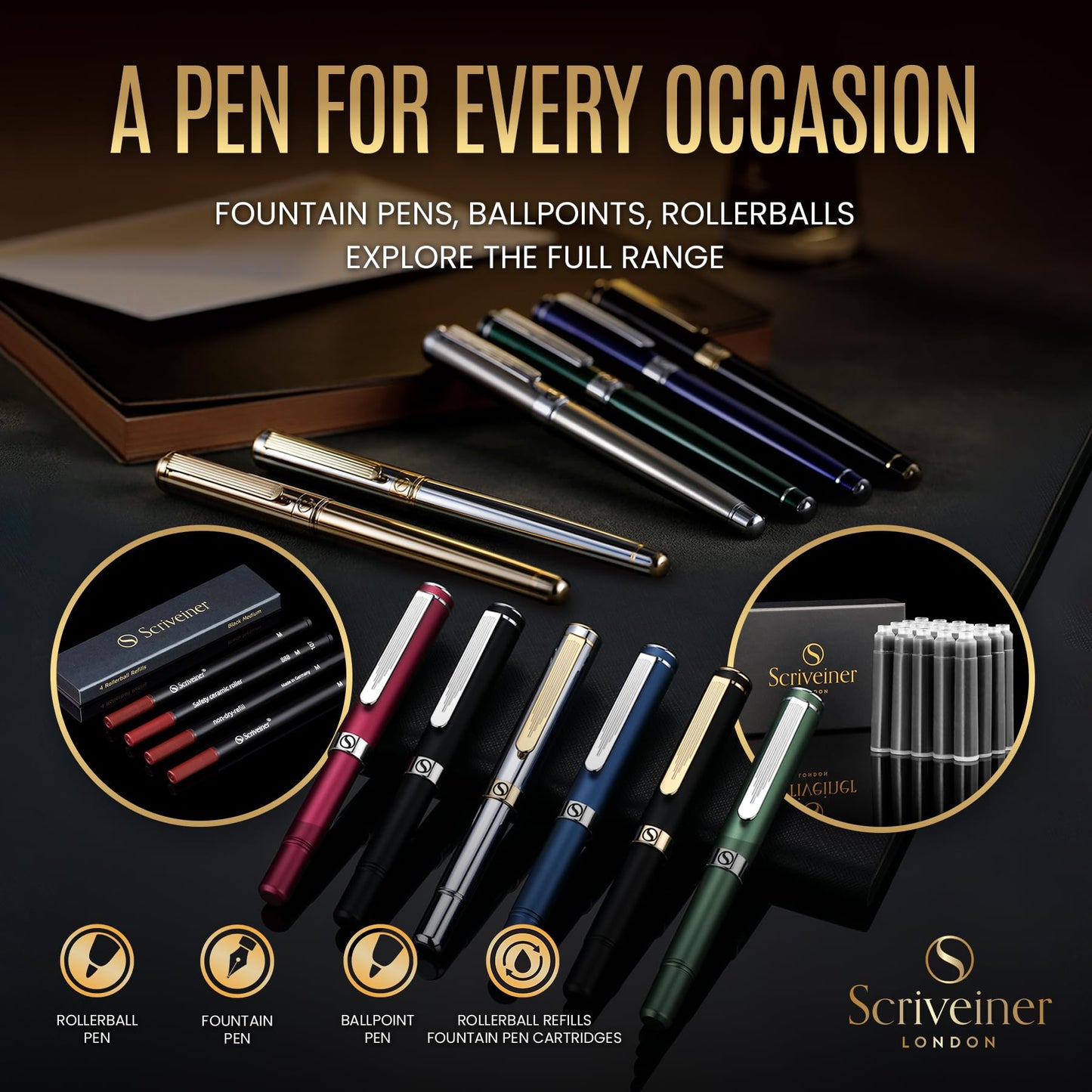 Scriveiner Luxury Fountain Pen - Stunning Black Lacquer Pen, 24K Gold Finish, Schmidt 18K Gilded Nib (Medium), Converter, Best Pen Gift Set for Men & Women, Professional, Executive, Office, Nice Pens