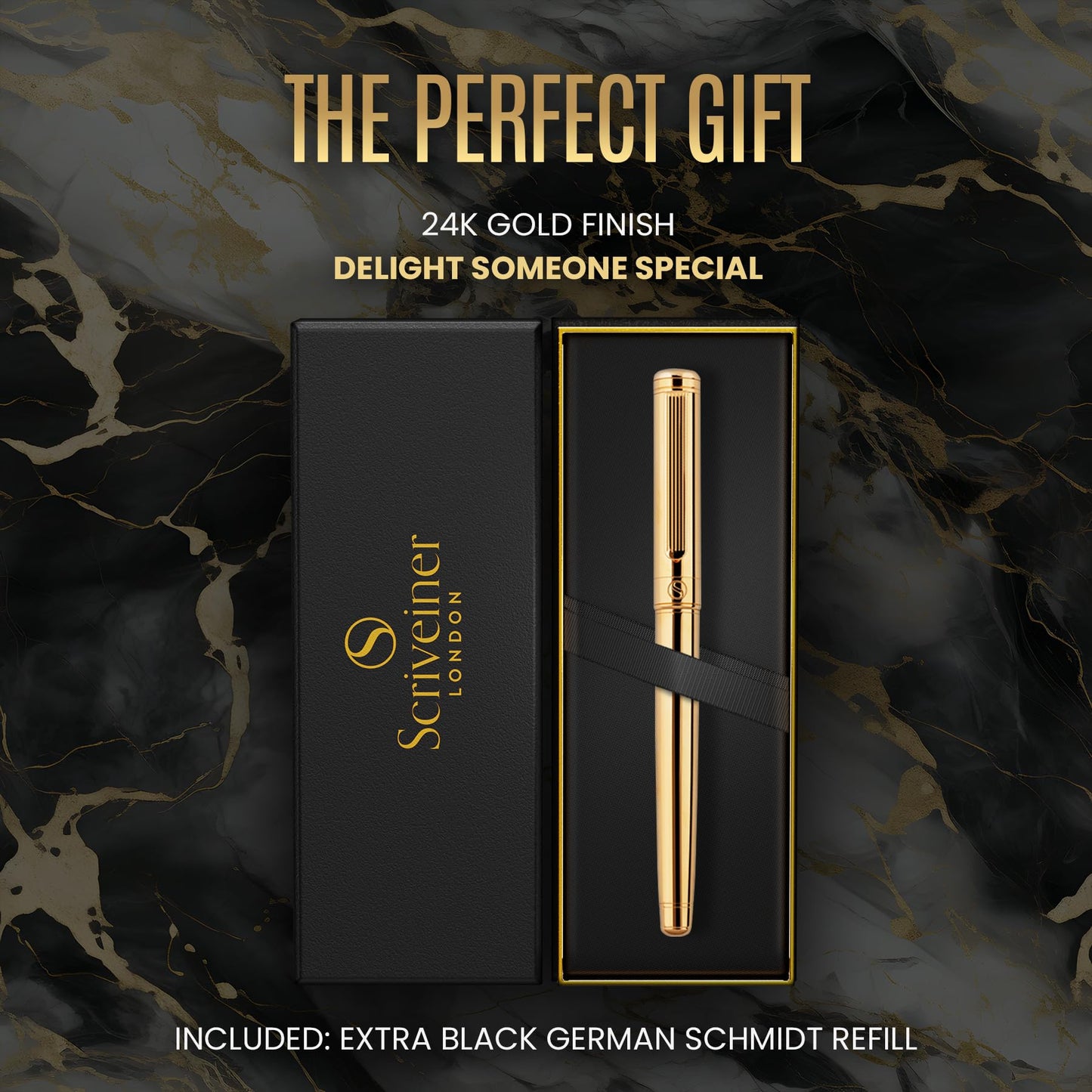 Scriveiner Gold Rollerball Pen - Stunning Luxury Pen with 24K Gold Finish, Schmidt Ink Refill, Best Roller Ball Pen Gift Set for Men & Women, Professional, Executive Office, Nice Pens