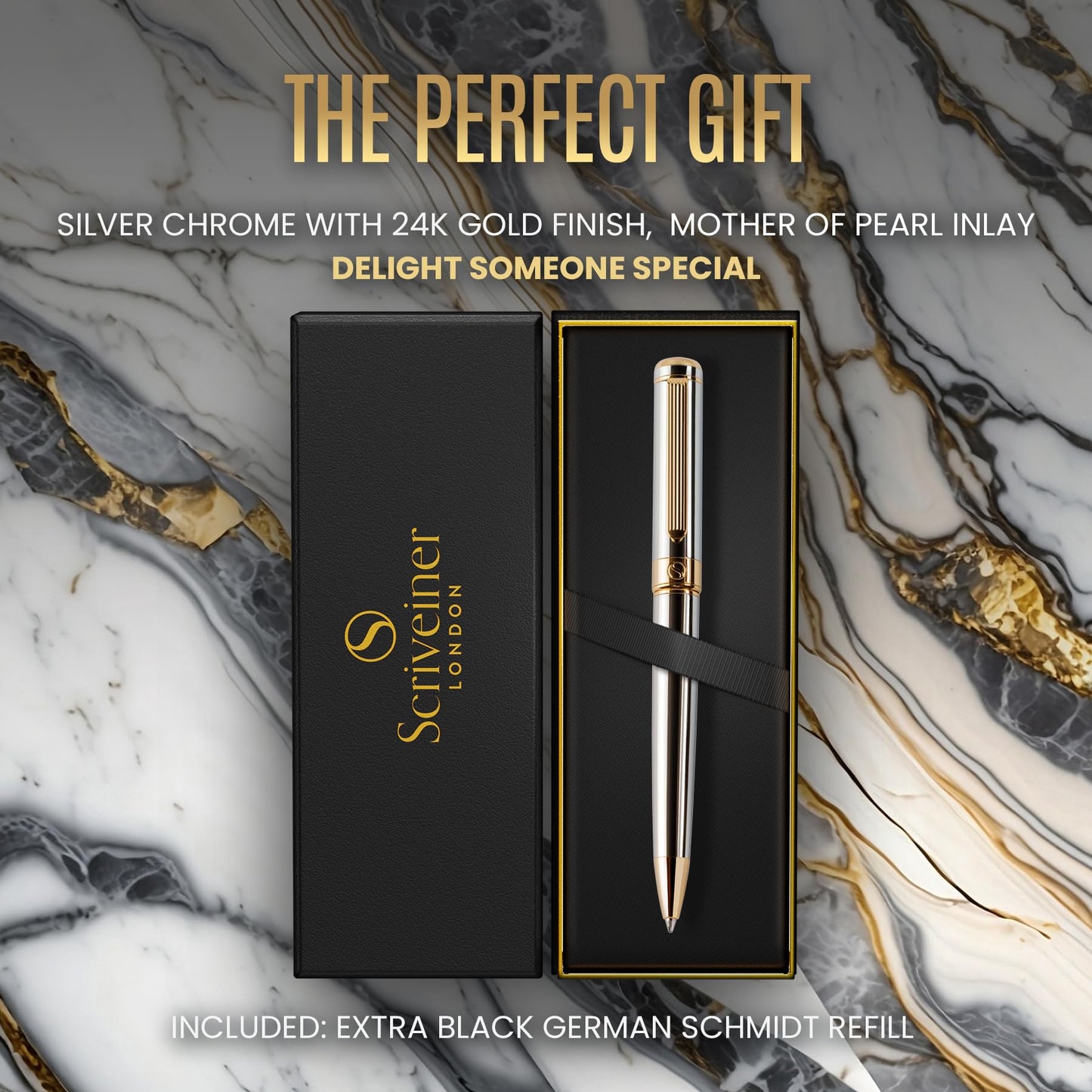 Scriveiner Silver Chrome Ballpoint Pen - Stunning Luxury Pen with 24K Gold Finish, Schmidt Black Refill, Best Ball Pen Gift Set for Men & Women, Professional, Executive, Office, Nice, Fancy Pens