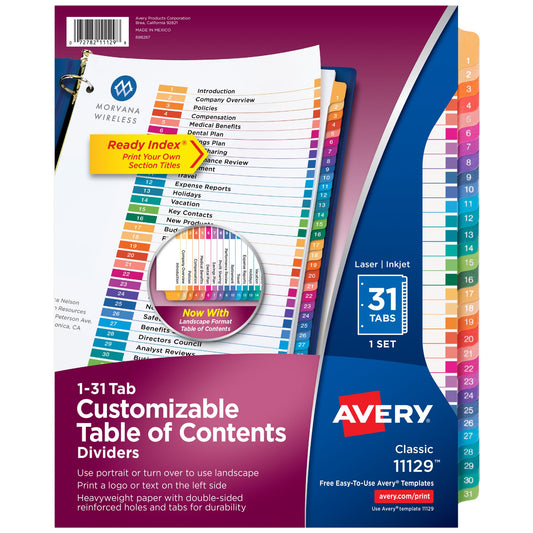 Avery 1-31 Tab Dividers for 3 Ring Binders, Customizable Table of Contents, Multicolor Tabs, 1 Set (11129)