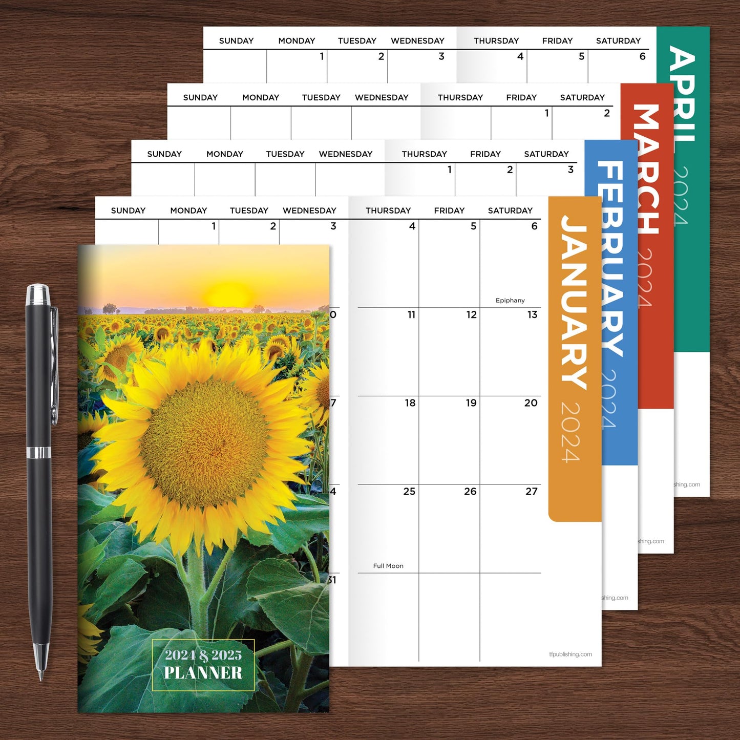 TF PUBLISHING 2024-2025 Sunflower 2-Year Small Monthly Pocket Planner | 2-Page Large Calendar Grid and Lined Notes Section in Back | Monthly Day Planner for Purse | 3.5" x 6.5"