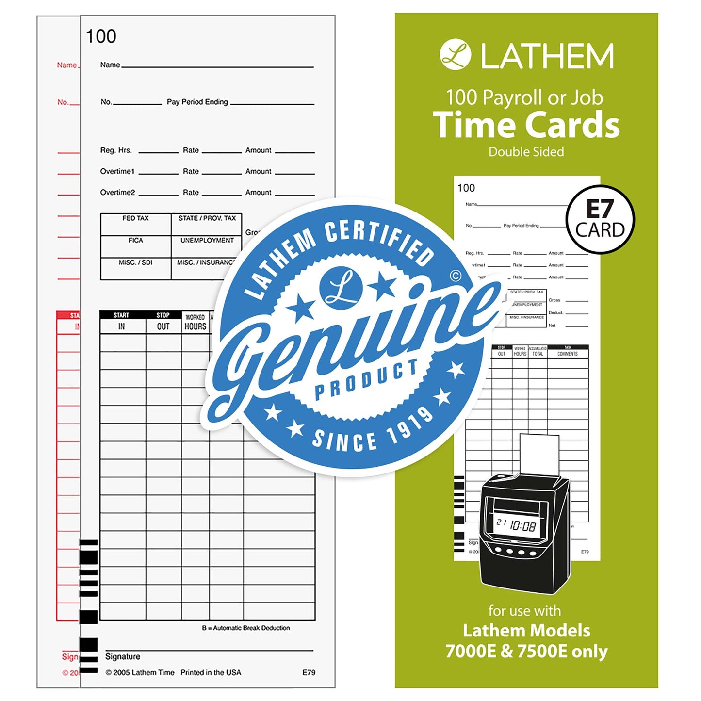 Lathem Universal Payroll/Job Time Cards, Double-Sided, For Lathem 7000E / 7500E Time Clocks, 100 Pack, E79-100, White