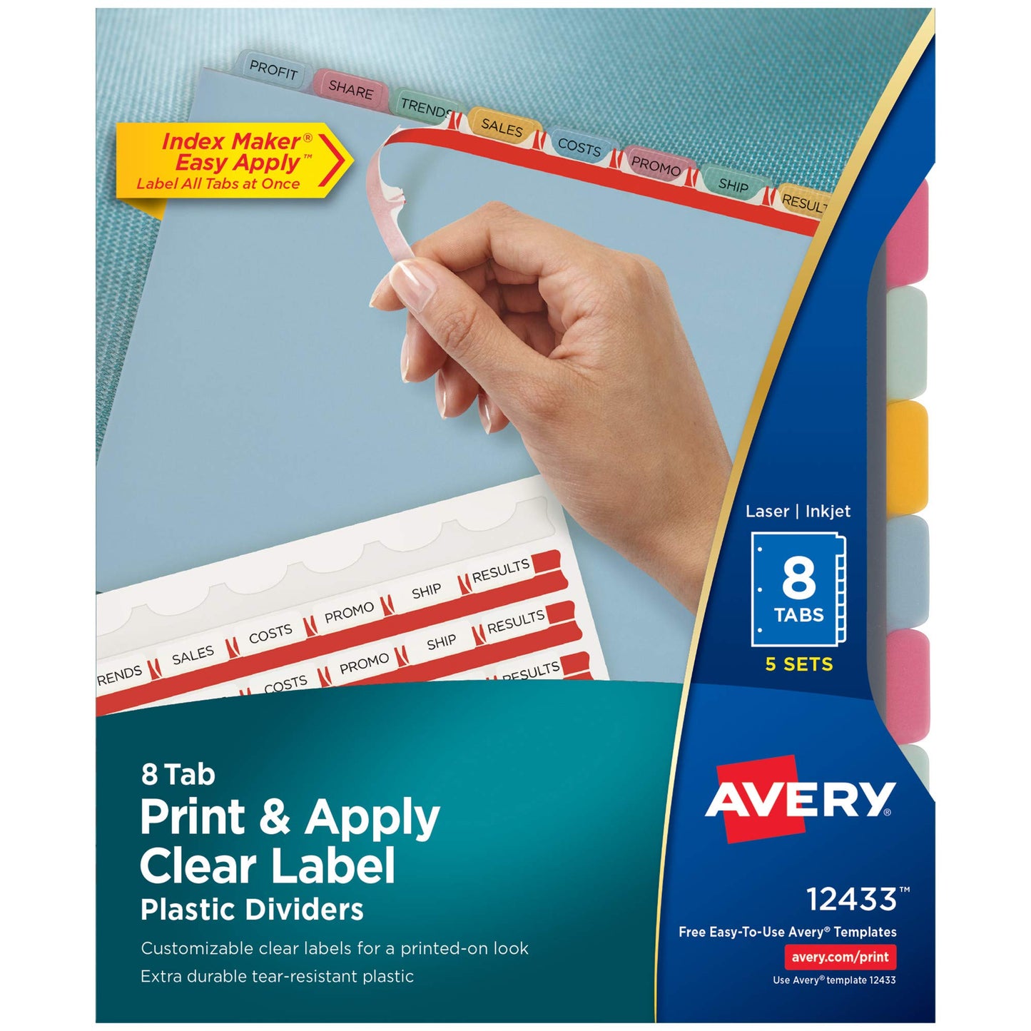 Avery 8 Tab Plastic Dividers for 3 Ring Binder, Easy Print & Apply Clear Label Strip, Index Maker Customizable Multicolor Tabs, 5 Sets (11433)