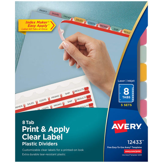 Avery 8 Tab Plastic Dividers for 3 Ring Binder, Easy Print & Apply Clear Label Strip, Index Maker Customizable Multicolor Tabs, 5 Sets (11433)