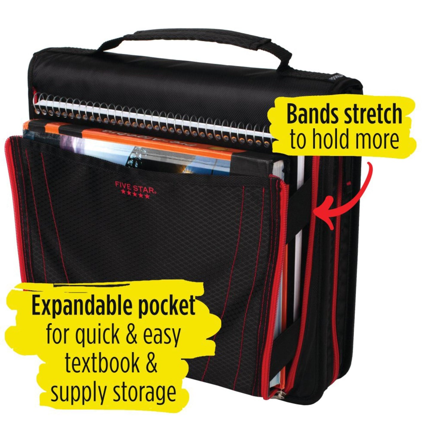 Five Star® Zipper 3-Ring Binder With Pencil Pouch, 2" Round Rings, Black/Red