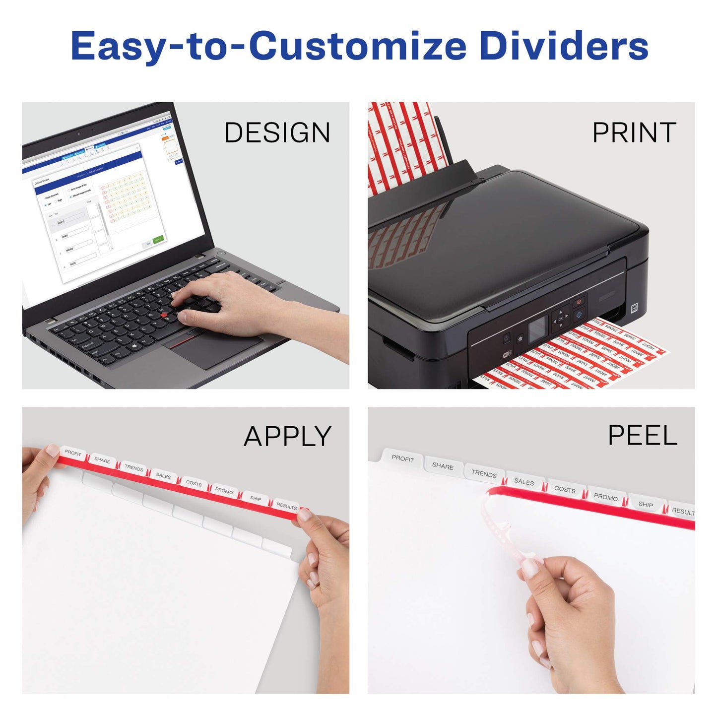 Avery 8 Tab Unpunched Dividers for Use with Any Binding System, Easy Print & Apply Clear Label Strip, Index Maker Customizable White Tabs, 5 Sets (11432)