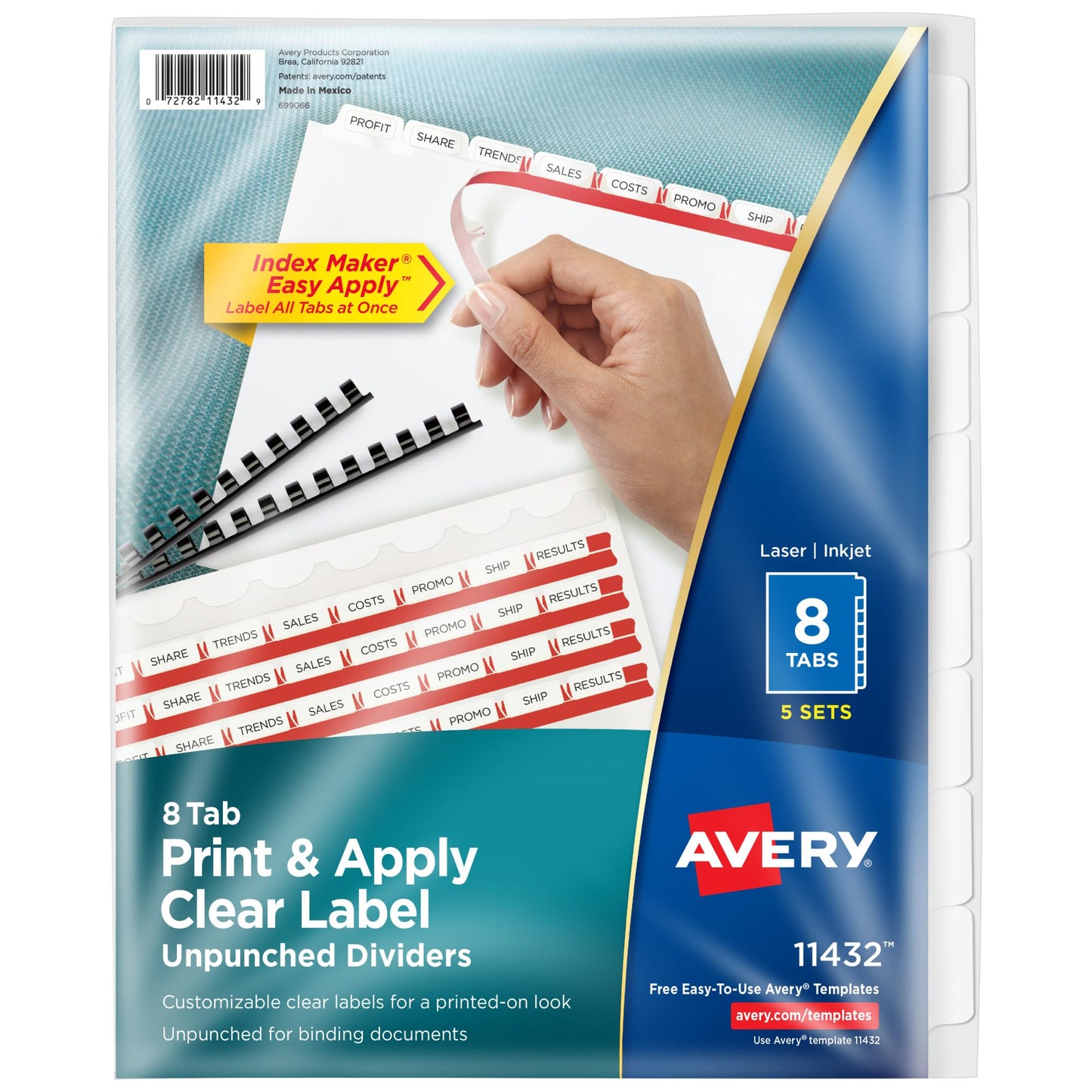 Avery 8 Tab Unpunched Dividers for Use with Any Binding System, Easy Print & Apply Clear Label Strip, Index Maker Customizable White Tabs, 5 Sets (11432)