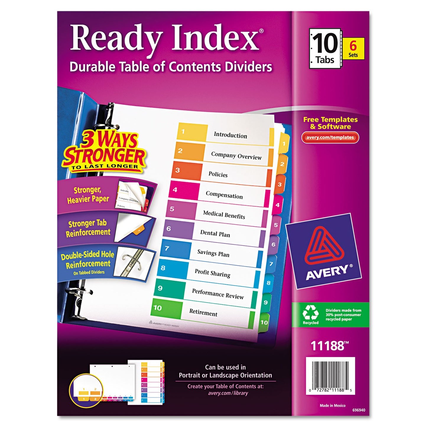Avery 10-Tab Dividers for 3 Ring Binders, Customizable Table of Contents, Multicolor Tabs, 6 Sets (11188)
