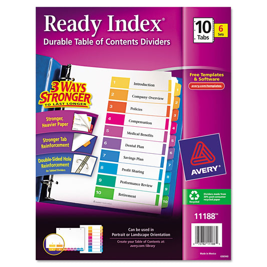 Avery 10-Tab Dividers for 3 Ring Binders, Customizable Table of Contents, Multicolor Tabs, 6 Sets (11188)