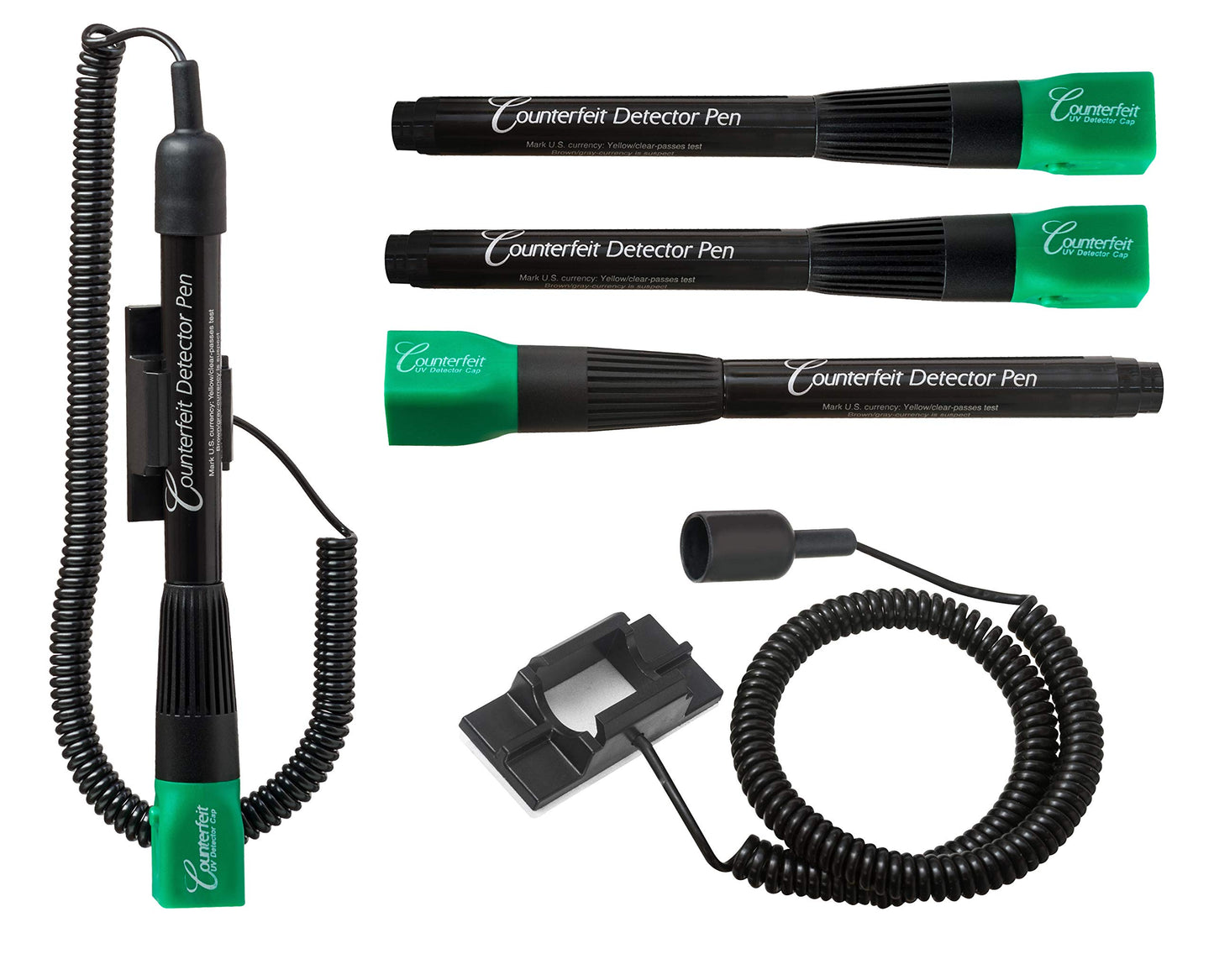 Dri Mark Dual Test - The Original Counterfeit Detection Marker Pen with UV LED Cap, Tests for Security Strips and Authentic Currency Paper - 4 UV Light/Pen Combinations Plus 2 Holders with Coil