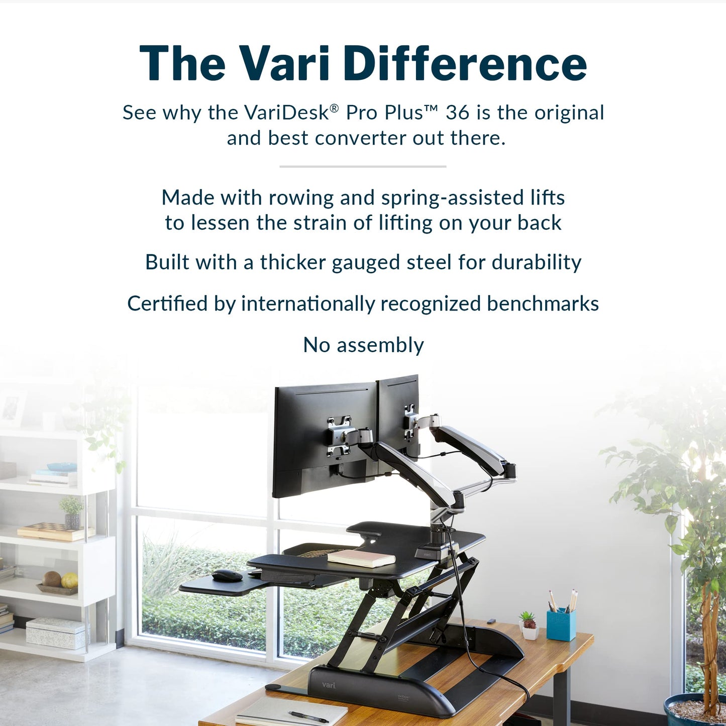 Vari - VariDesk Pro Plus 36 - Desktop Standing Desk Converter - Adjustable Desk Riser with 11 Height Settings - Sit Stand Desk Dual Monitor Standing Desk Riser With Spring Loaded Lift (Black)