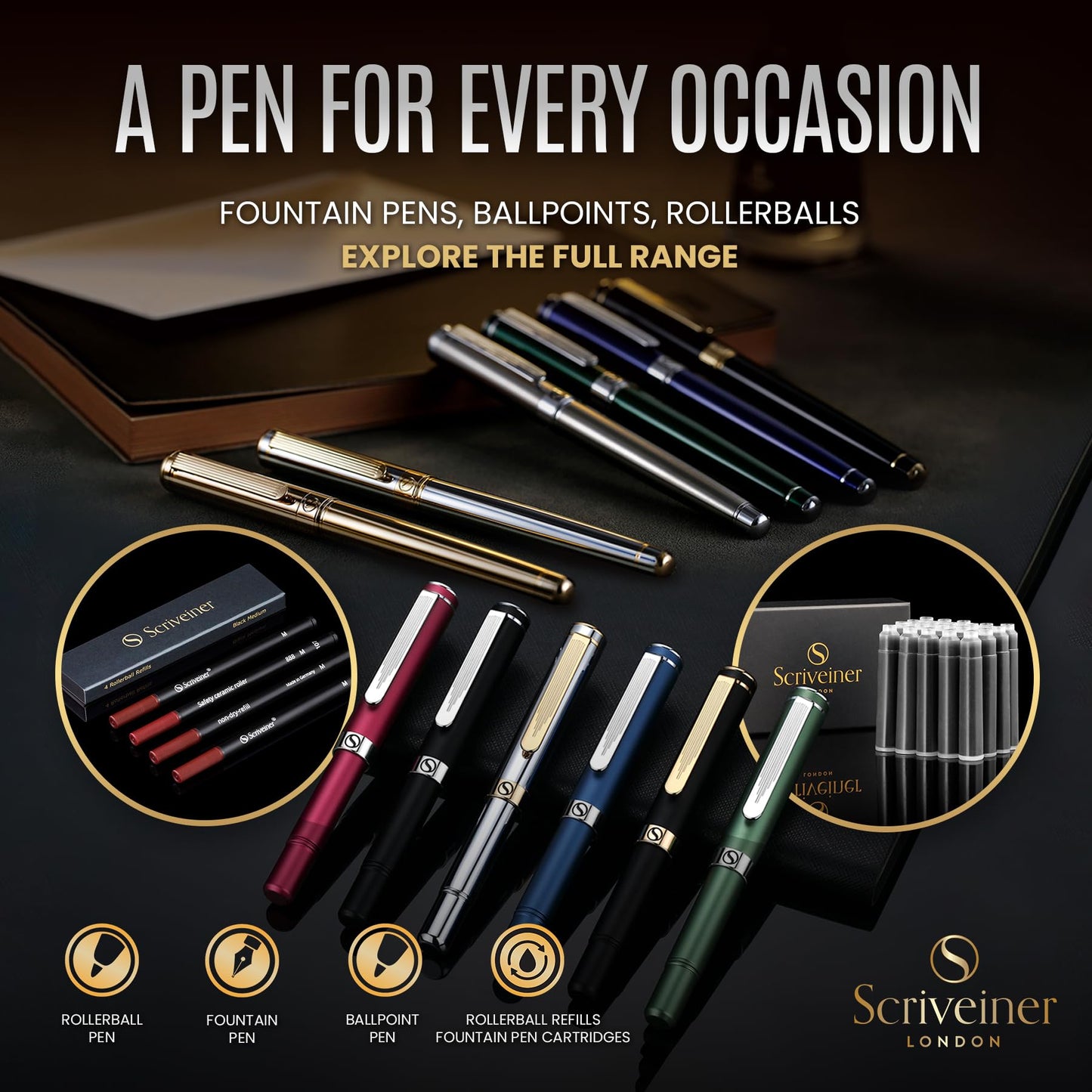 Scriveiner British Racing Green Rollerball - Stunning Luxury Rollerball Pen, Chrome Finish, Schmidt Ink Refill, Best Roller Ball Pen Gift Set for Men & Women, Professional, Executive Office, Nice Pens