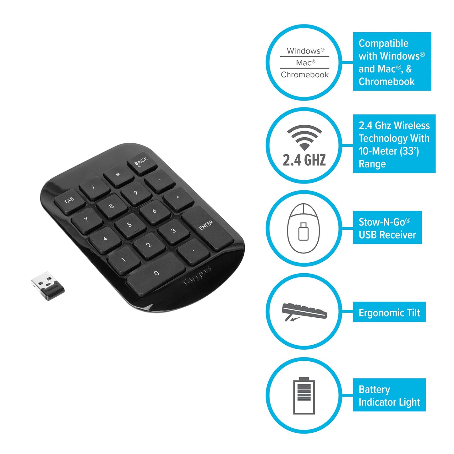 Targus Wireless Numeric Keypad, Black - Nano USB Receiver, Full-Size Keys for Increased Accuracy, Battery Life Indicator - Supports Windows, macOS, and Chromebook (AKP11US)