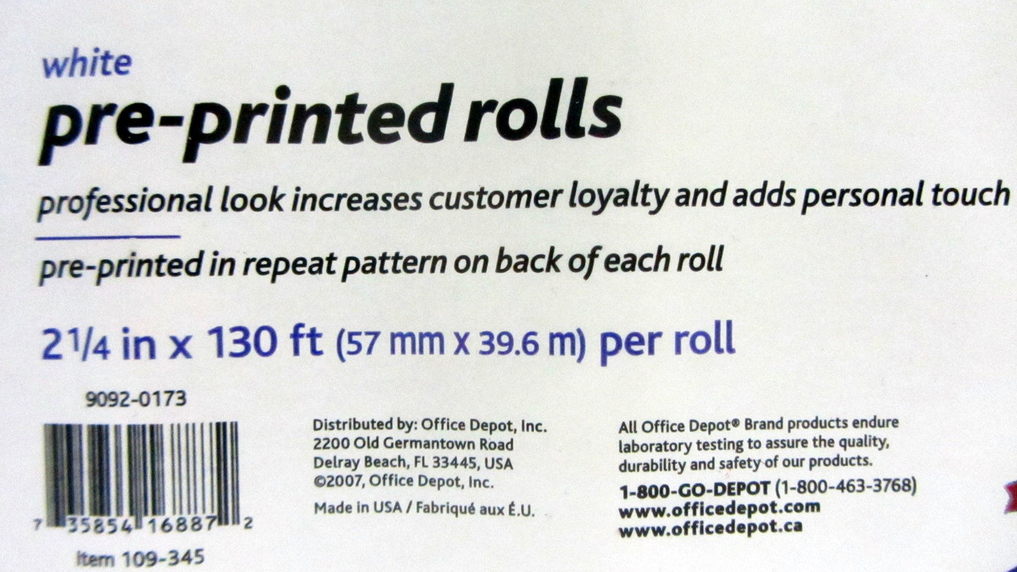 Office Depot Pre-Printed Rolls 2 1/4 In. x 130ft., White, Pack of 8 (109-345)