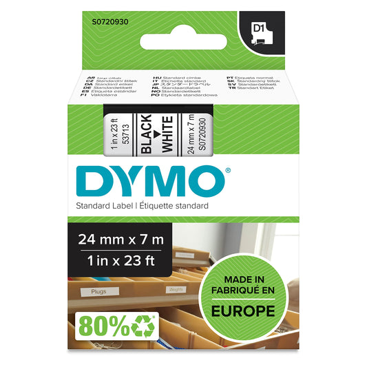 DYMO 53713 D1 High-Performance Polyester Removable Label Tape, 1" x 23 ft, Black on White
