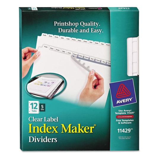 Avery 11429 Clear Label Index Maker Dividers, 8.5X11, White, 12-Tab Set, 5 Sets