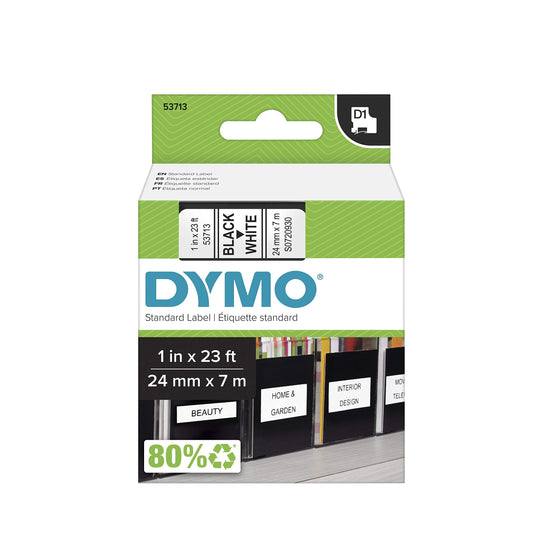 DYMO Authentic Standard D1 53713 Labeling Tape (Black Print on White Tape, 1'' W x 23' L, 1 Cartridge), Package May Vary