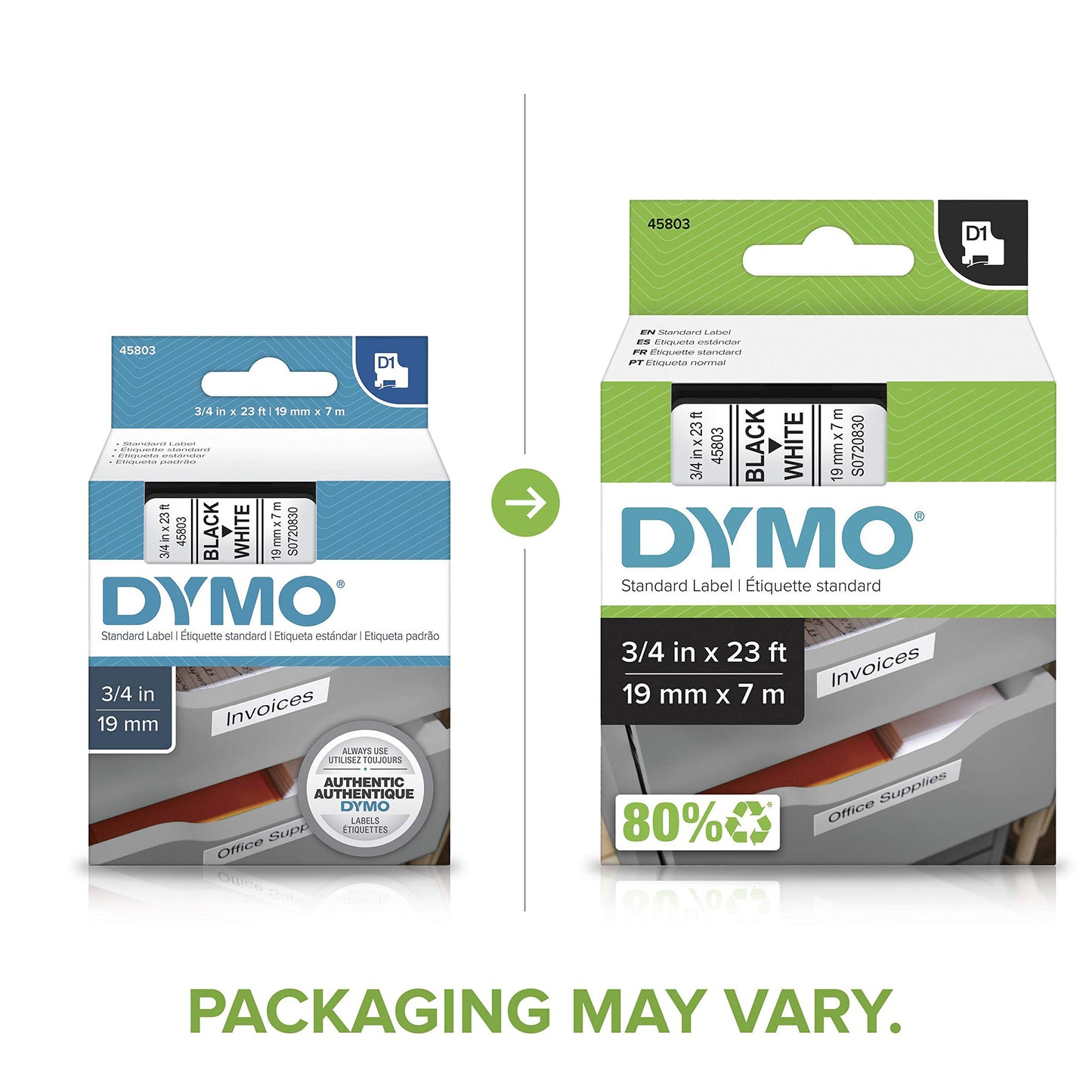 DYMO Authentic Standard D1 Labeling Tape for LabelManager Label Makers, Black Print on White Tape, 3/4'' W x 23' L, 1 Cartridge