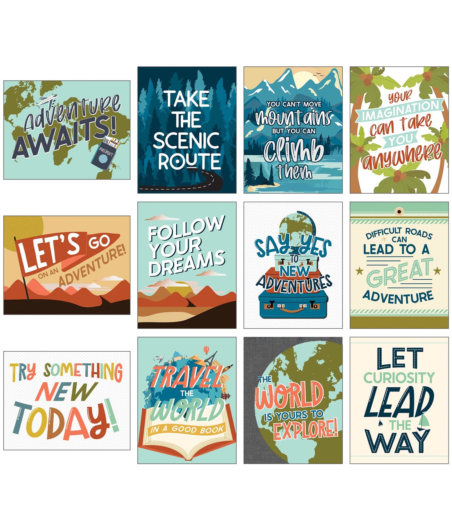 Carson Dellosa Let's Explore Travel Classroom Decor Classroom Posters, Retro, Adevnture Classroom Decorations Wall Art with Inspirational Quotes (12 pc Art Set)