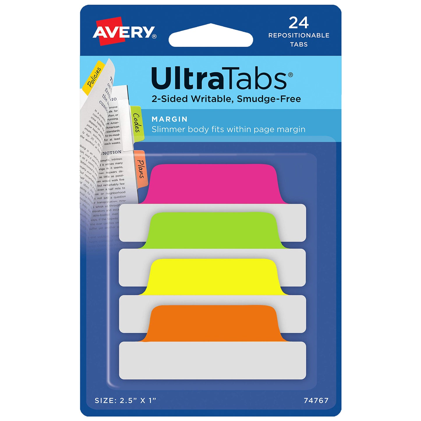 Avery Ultra Tabs, 2.5 x 1, 2-Side Writable, Pink/Green/Orange, 24 Repositionable Margin Tabs, 72 Packs (74767)