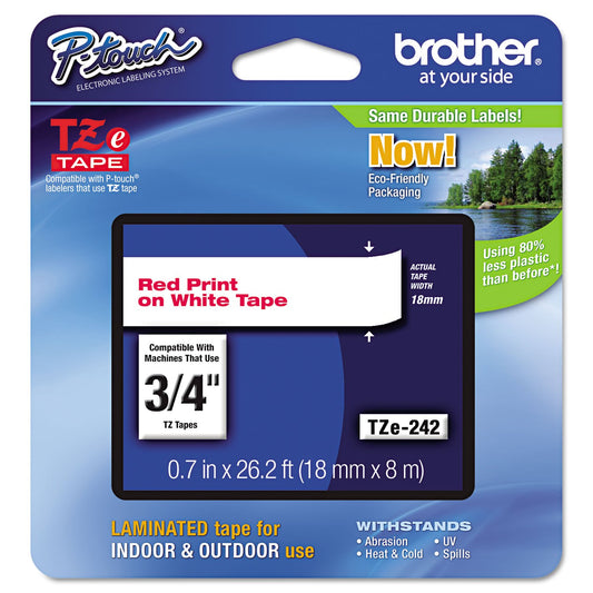 Brother Genuine P-Touch TZE-242 Tape, 3/4" (0.7 mm) Standard Laminated P-Touch Tape, Red on White, Laminated for Indoor or Outdoor Use, Water-Resistant, 26.2 ft (8 m), Single-Pack