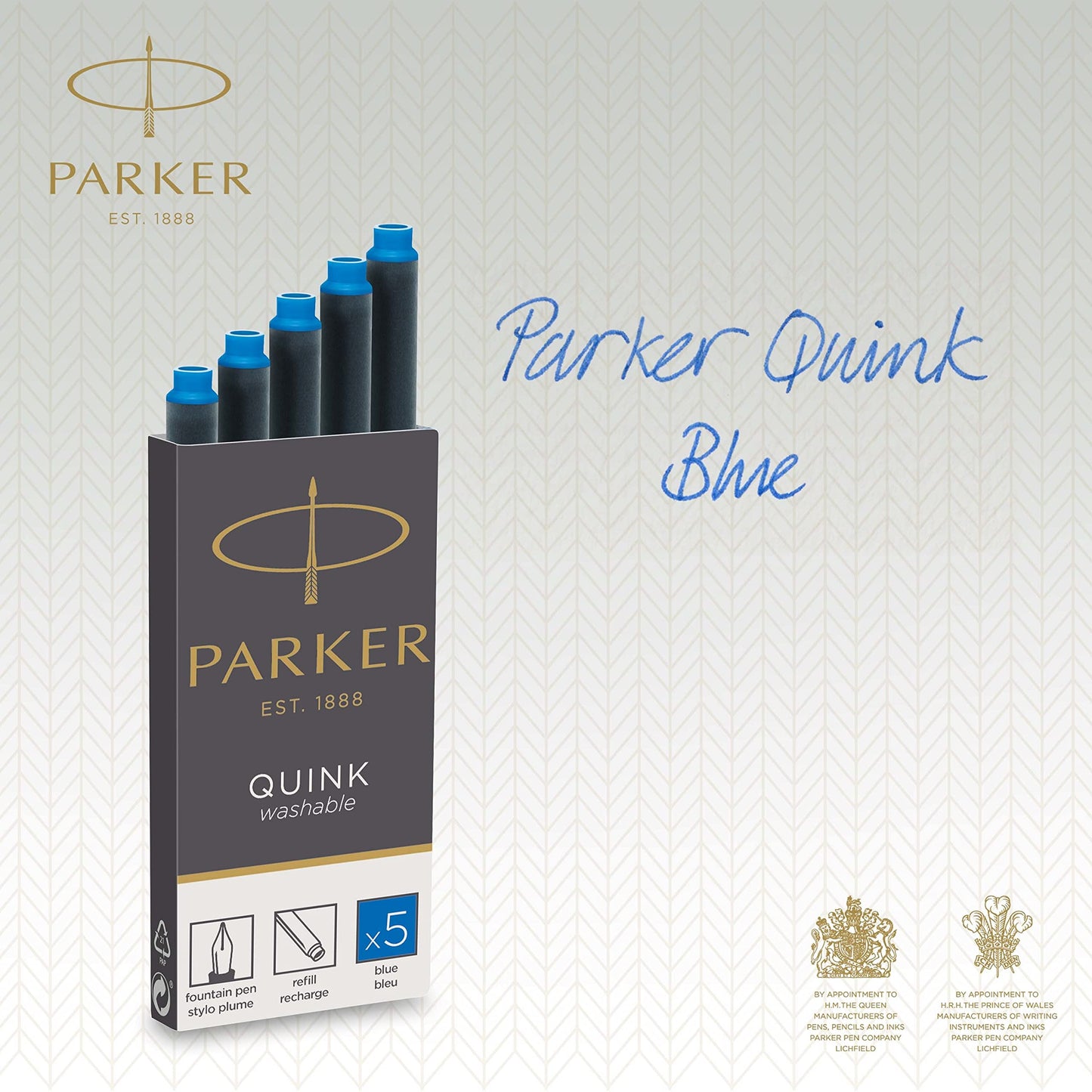 Parker QUINK Long Fountain Pen Ink Refill Cartridges, Washable Blue, 5 Count