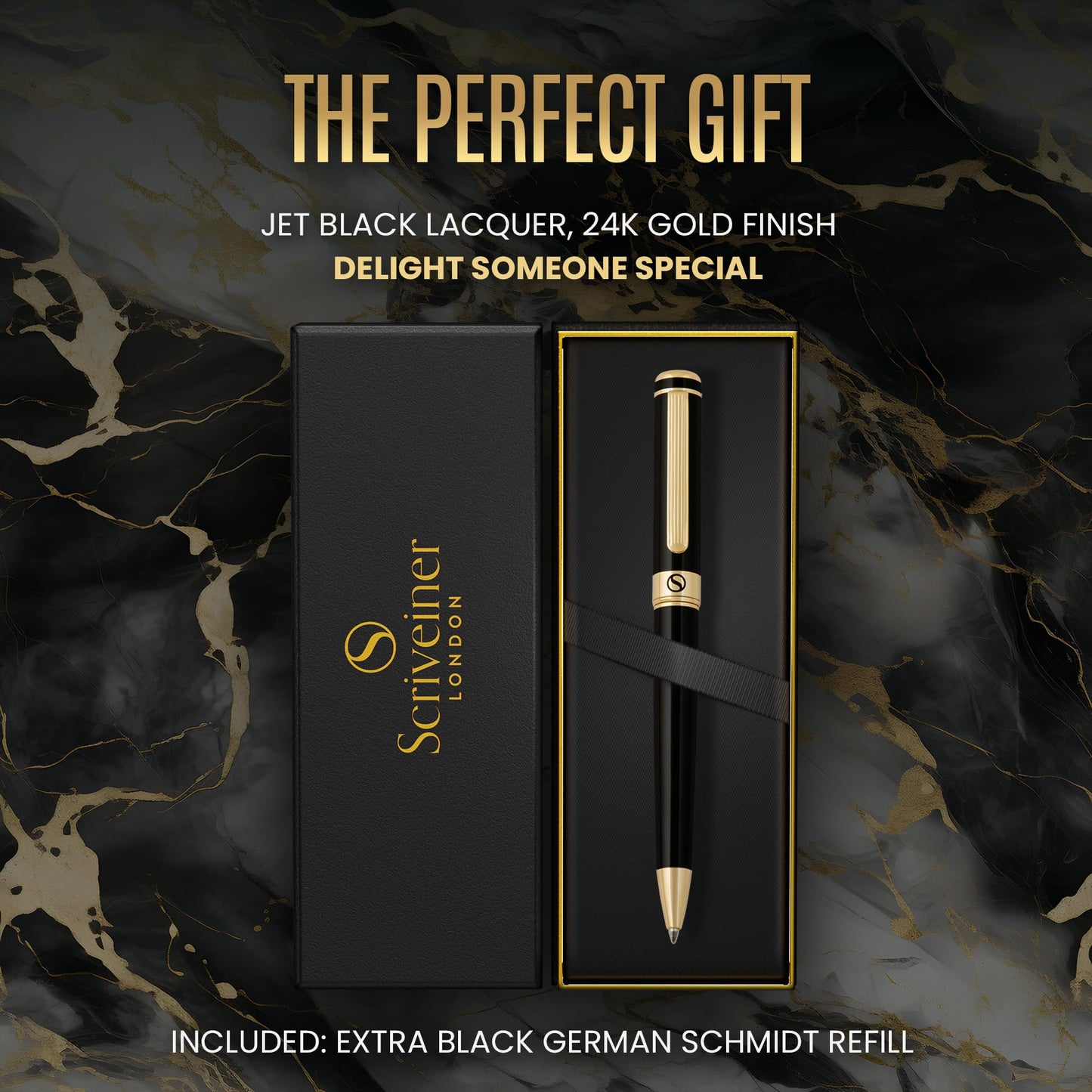 Scriveiner Black Lacquer Ballpoint Pen - Stunning Luxury Pen with 24K Gold Finish, Schmidt Black Refill, Best Ball Pen Gift Set for Men & Women, Professional Executive Office, Nice Fancy Designer Pens