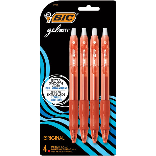BIC Retractable Gel Ink Rollerball Pen, Medium Point, 0.7mm, Translucent Red Barrel, Ink, Pack of 4 - RLCP41-A-RED