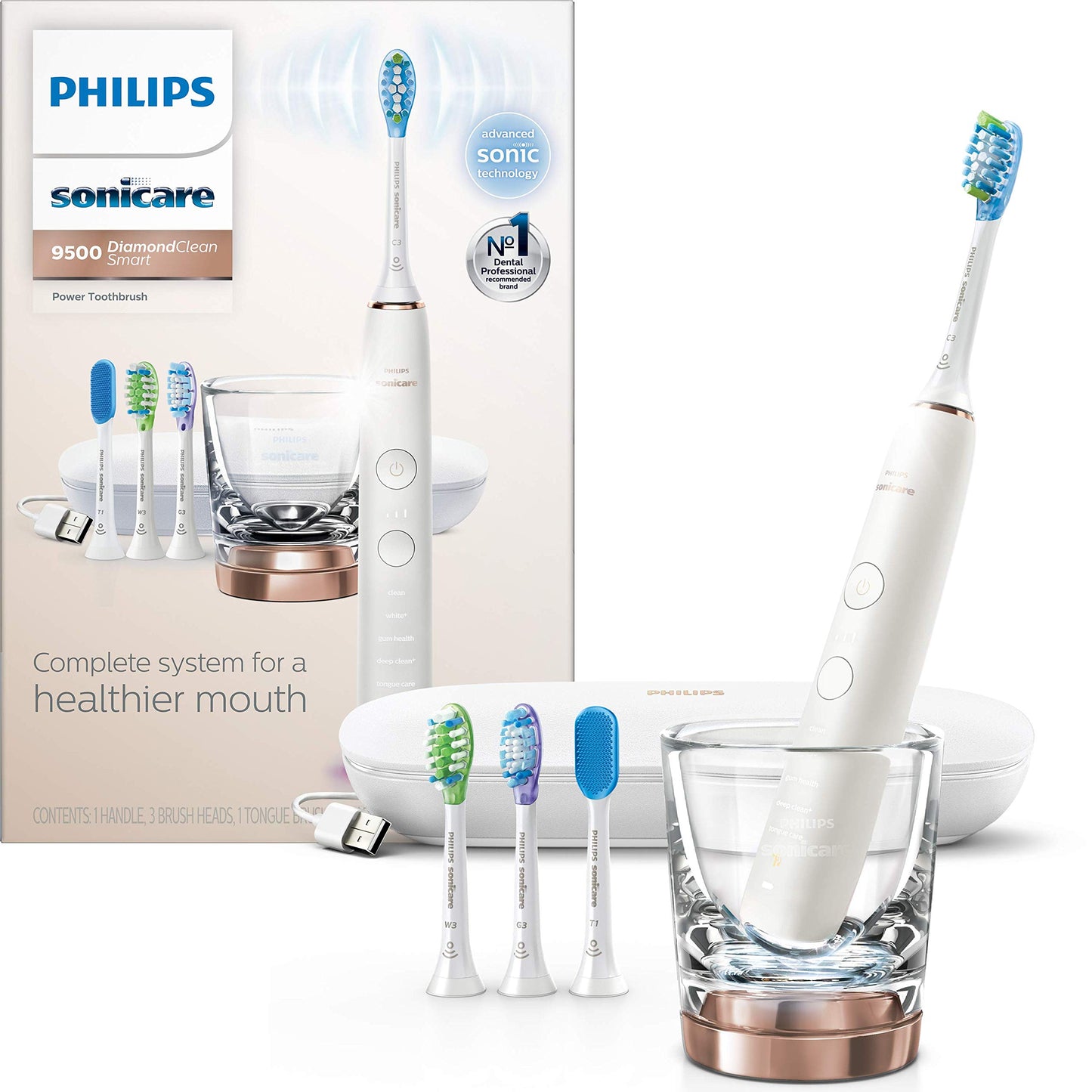 Philips Sonicare DiamondClean Smart 9500 Rechargeable Electric Power Toothbrush, Rose Gold, HX9924/61