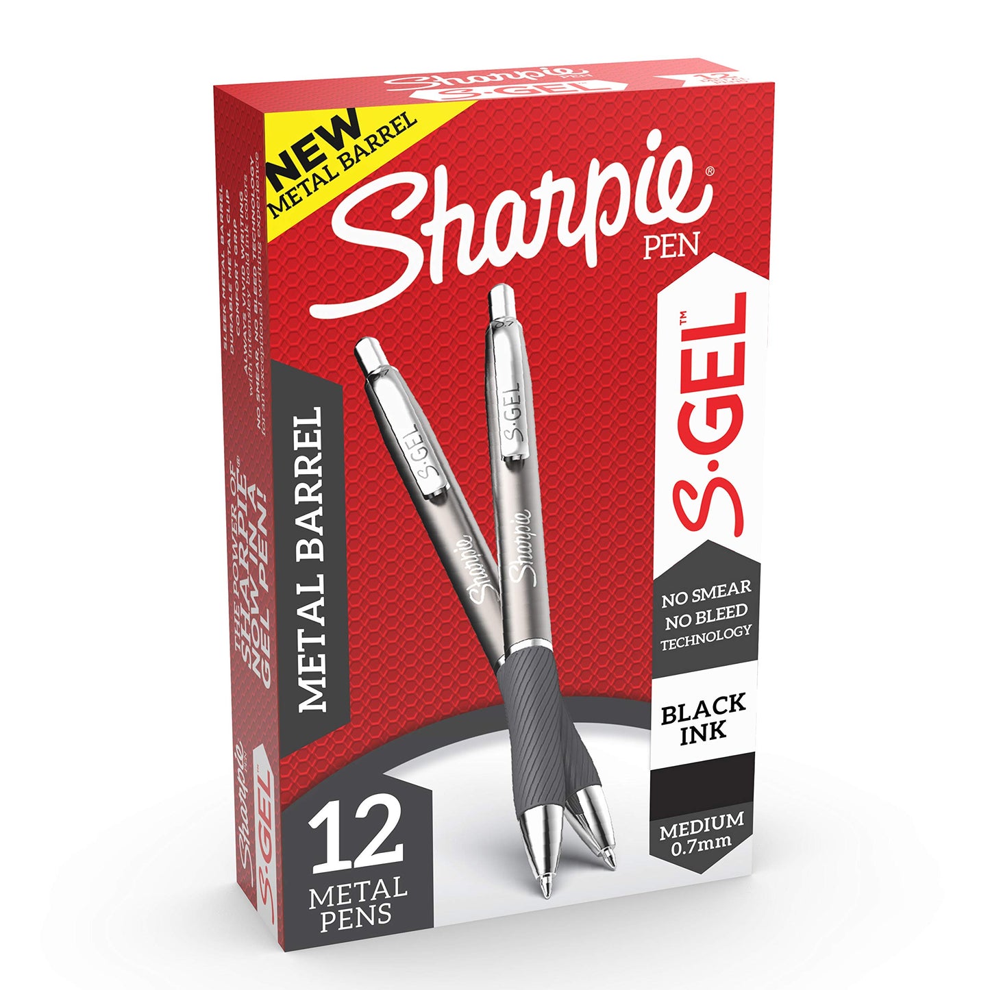 SHARPIE S-Gel, Gel Pens, Sleek Metal Barrel, Medium Point (0.7mm), Black Ink, 12 Count