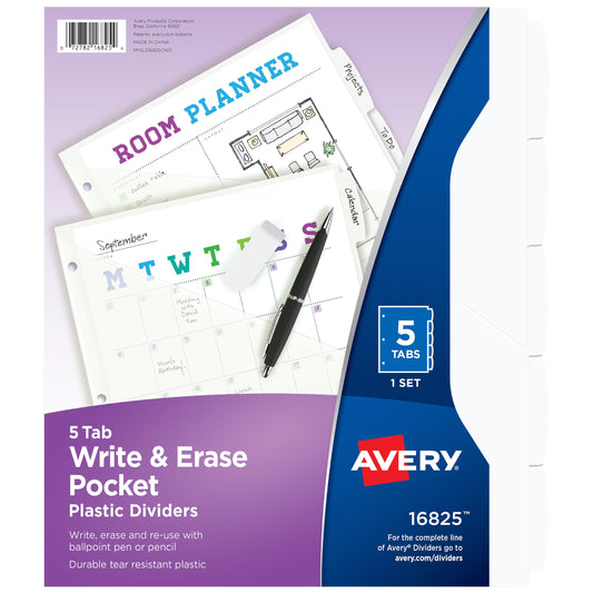 Avery Durable Plastic 5 Tab Write & Erase Dividers for 3 Ring Binders, Slash Pocket, Translucent White, Works with Sheet Protectors, 1 Set (16825)