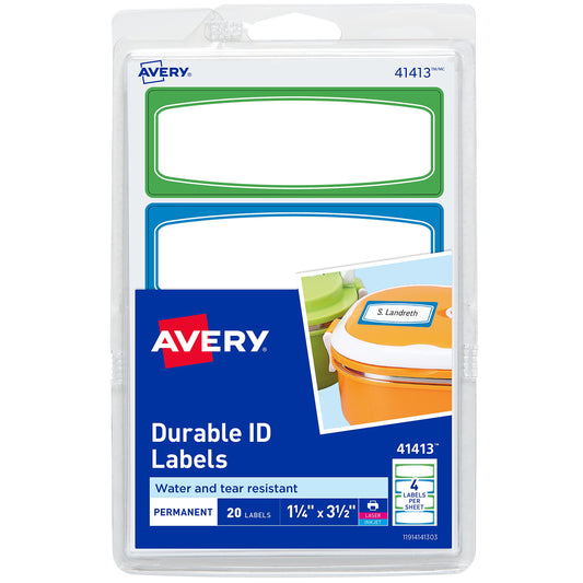 Avery(R) Durable Labels for Kids' Gear, 3-1/2" x 1-1/4", Assorted Border Colors, Water-Resistant Labels, 20 Rectangle Labels Total (41413)