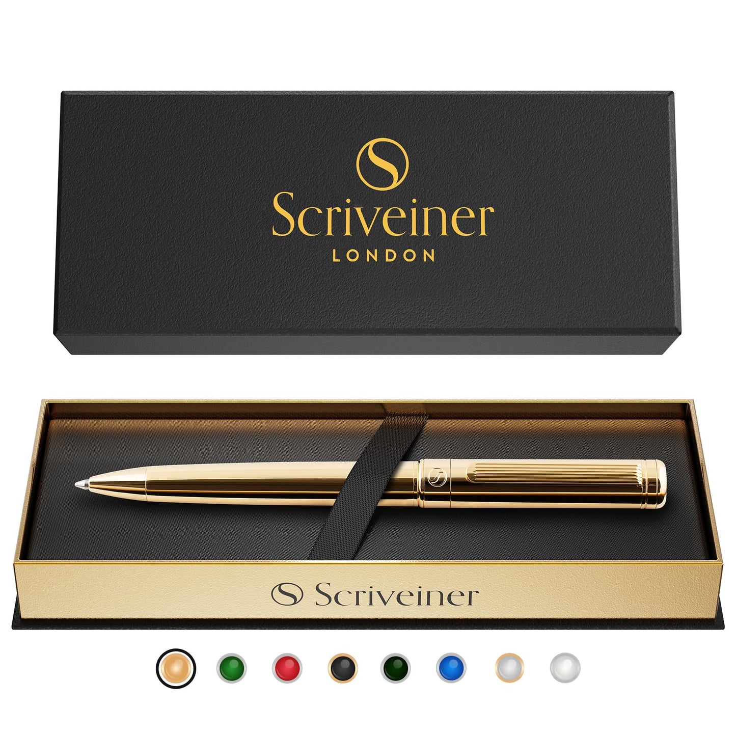 Scriveiner Gold Ballpoint Pen - Stunning Luxury Pen with 24K Gold Finish, Schmidt Black Refill, Best Ball Pen Gift Set for Men & Women, Professional Executive Office, Nice Fancy Designer Pens