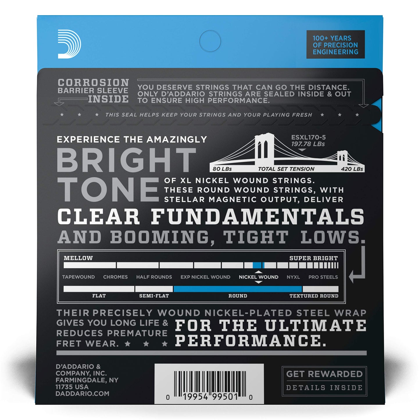 D'Addario Bass Guitar Strings - XL Nickel Bass Strings - ESXL170-5 - Perfect Intonation, Consistent Feel, Durability - For 5 String Bass Guitars - 45-130 Light Double Ball End, Long Scale, 5 String