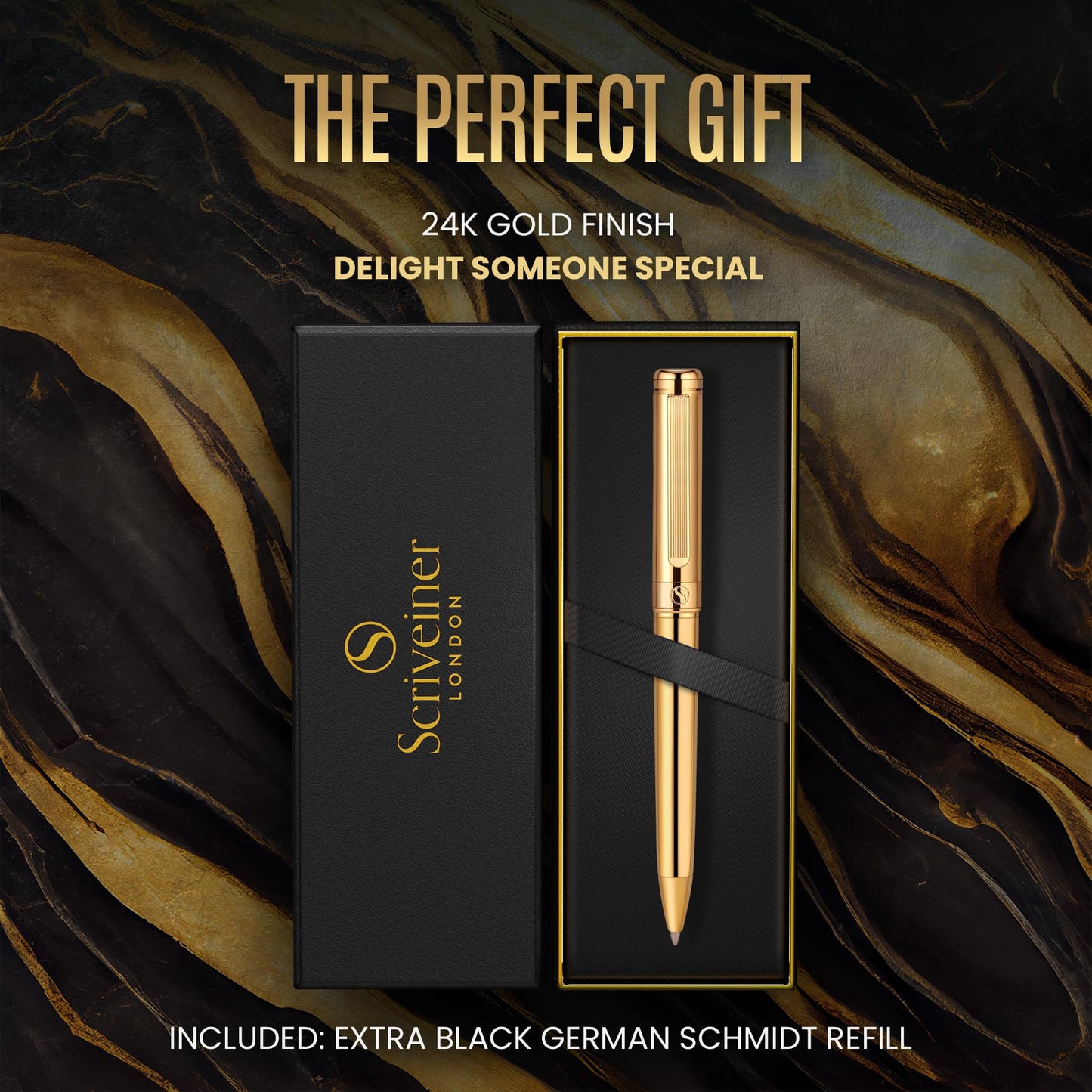 Scriveiner Gold Ballpoint Pen - Stunning Luxury Pen with 24K Gold Finish, Schmidt Black Refill, Best Ball Pen Gift Set for Men & Women, Professional Executive Office, Nice Fancy Designer Pens