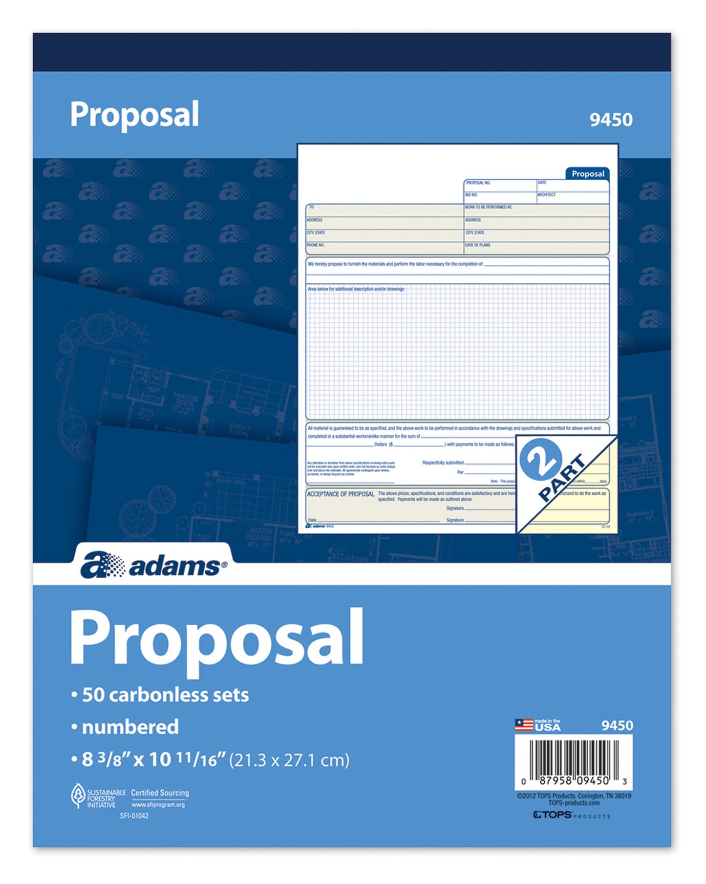 Adams Proposal Form Book, 2-Part, Carbonless, 10.19 x 8.38 Inches, 50 Sets, White and Canary (9450ABF)