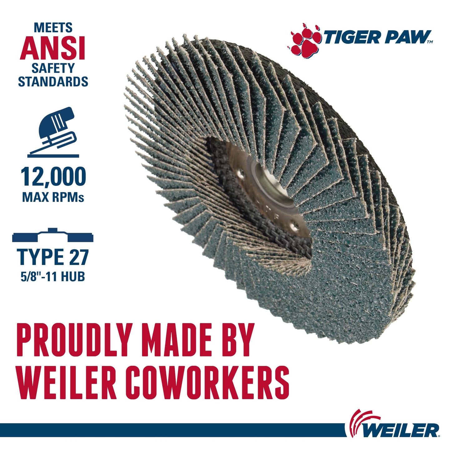 Weiler 51164 Tiger Paw XHD Super High Density Abrasive Flap Disc, Type 27 Flat Style, Phenolic Backing, Zirconia Alumina, 4-1/2" Diameter, 5/8"-11 Arbor, 36 Grit, 12000 RPM (Pack of 10)