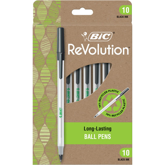 BIC� Revolution Round Stic Pens, Medium Point, 1.0 mm, 74% Recycled, Semi-Clear Barrel, Black Ink, Pack of 10 Pens
