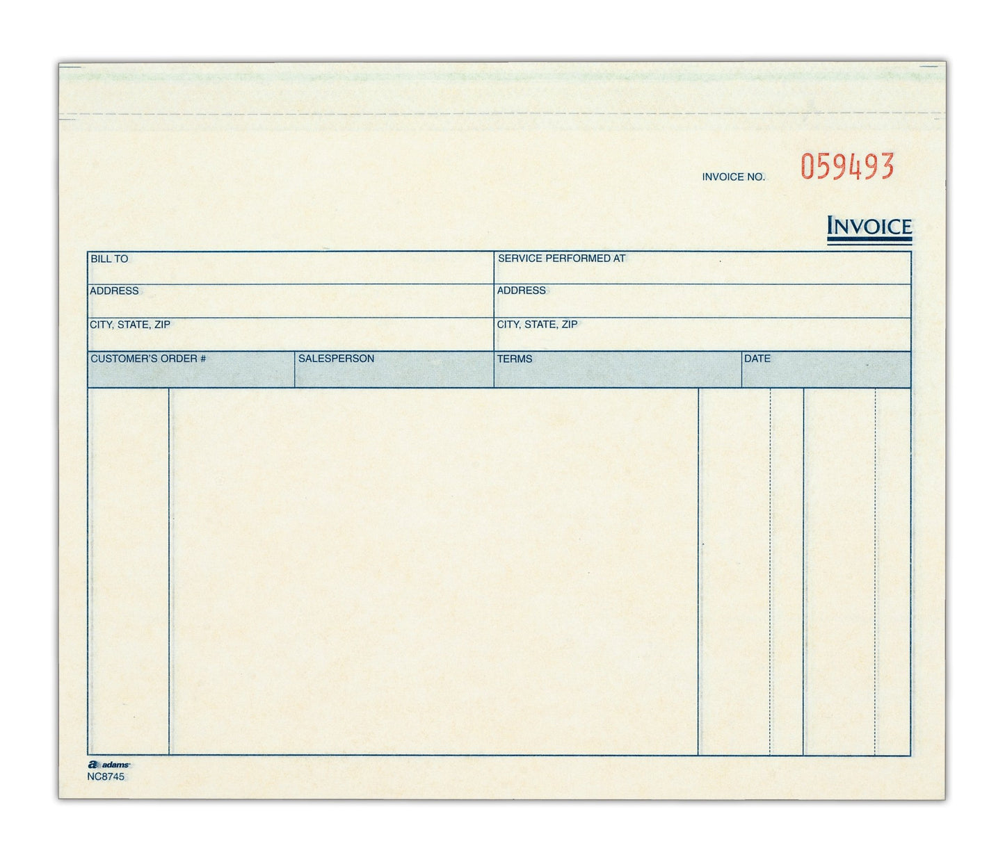 Adams Invoice for Services Unit Sets, 7.44 x 8.5 Inches, 3-Part, Carbonless, White/Canary/Pink, 50 Sets per Pack (NCT8745)