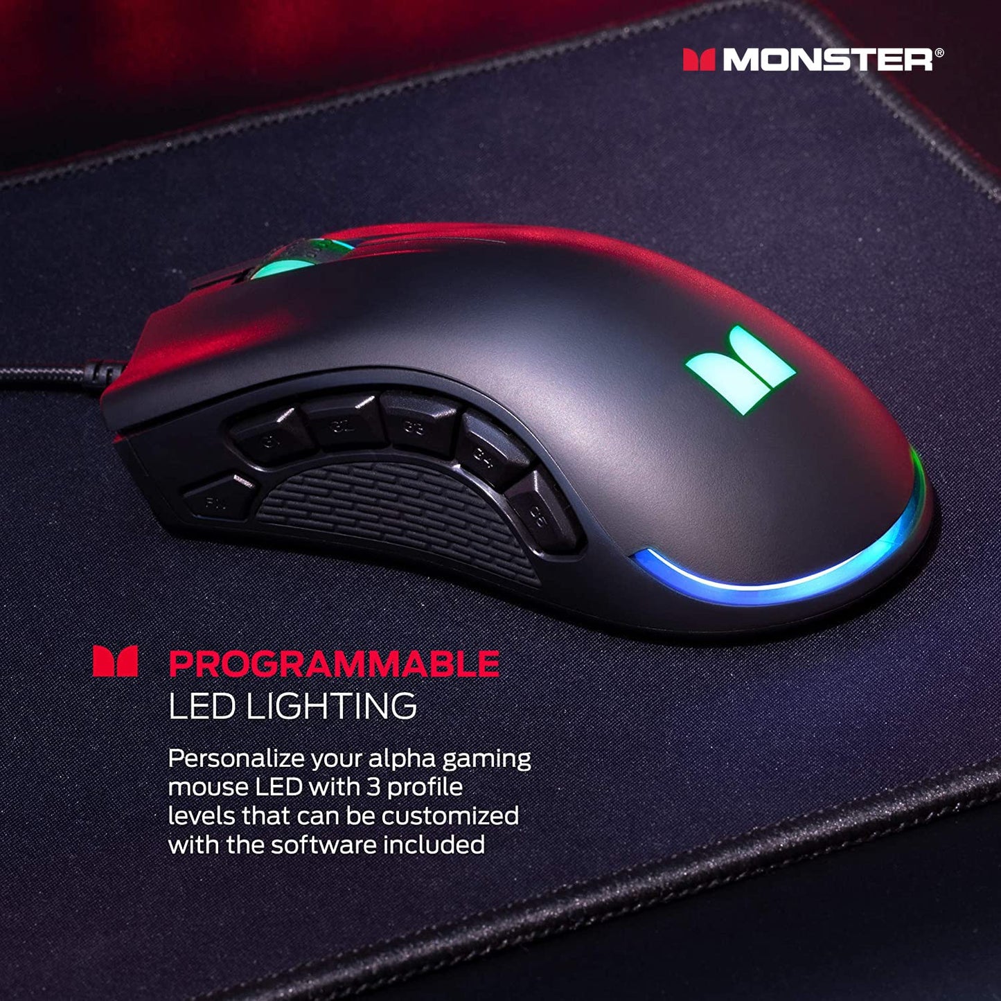 Monster Alpha 9.0 RGB Wired Gaming Mouse, Customizable Buttons, Programmable LED Lighting, True 16,000 Adjustable DPI, Ergonomic Optical PC Gaming Mouse with Customizable Software � for PC Gaming