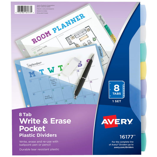 Avery Write & Erase Durable Plastic Dividers with Pockets , 8 Multicolor Tabs, Case Pack of 24 (16177)