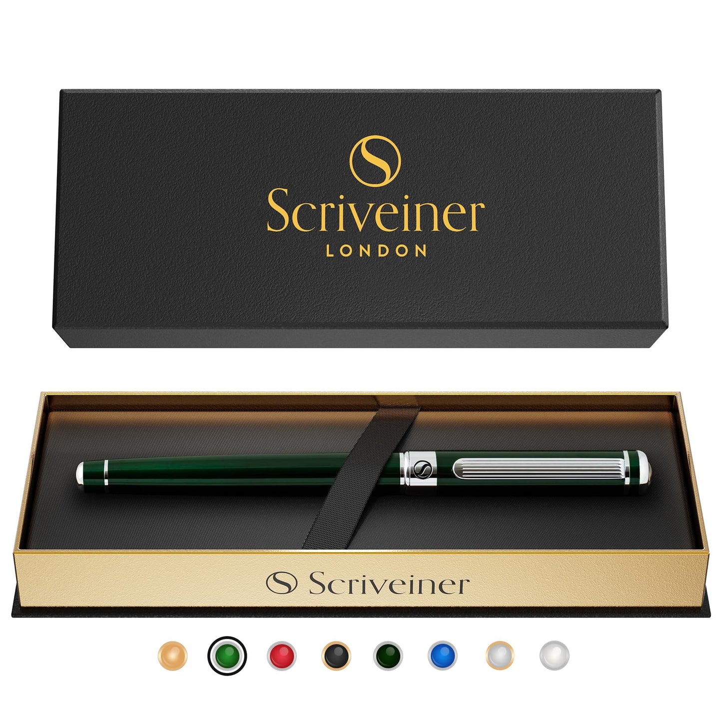 Scriveiner British Racing Green Rollerball - Stunning Luxury Rollerball Pen, Chrome Finish, Schmidt Ink Refill, Best Roller Ball Pen Gift Set for Men & Women, Professional, Executive Office, Nice Pens