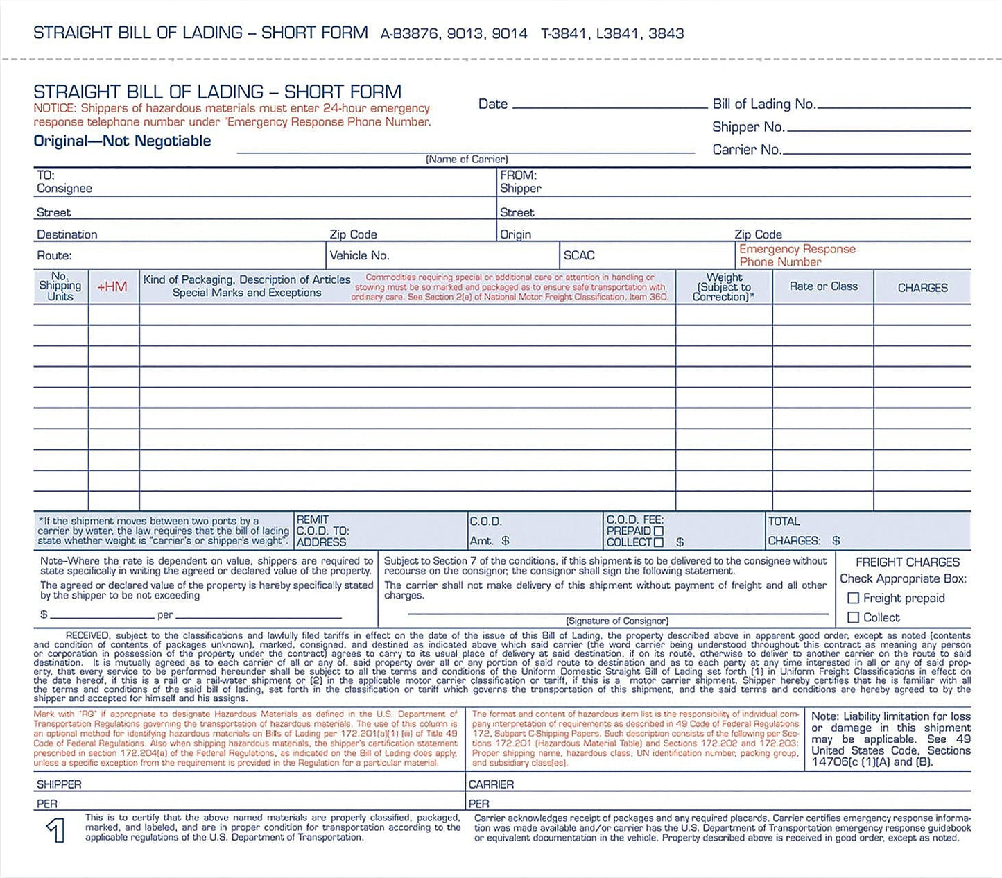 Adams Bill of Lading Short Form, 8.5 X 7.5 Inches, 3-part, 50-forms, White (9013)