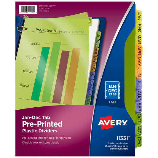 Avery Plastic Jan-Dec Tab Binder Dividers, Pre-Printed Multicolor Tabs, 12-Tab, 24 Packs (11331)