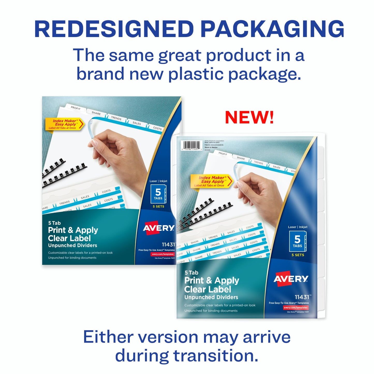 Avery 5 Tab Unpunched Dividers for Use with Any Binding System, Easy Print & Apply Clear Label Strip, Index Maker Customizable White Tabs, 5 Sets (11431)
